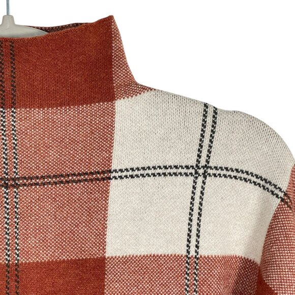 Rachel Zoe Plaid Mock Neck Sweater Rust Ivory Long Sleeve Women’s Medium Twee - Picture 6 of 12